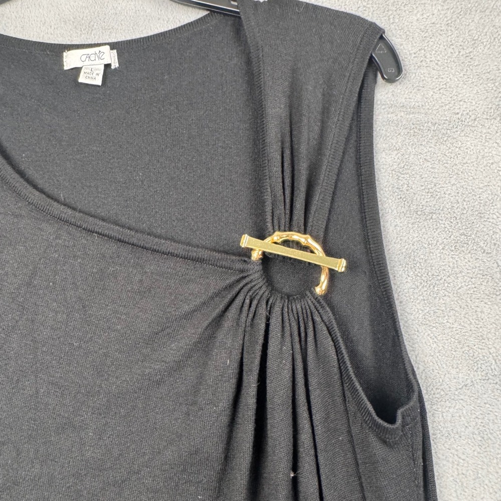Cache Silk Blend Sleeveles Knit Top Black Gold Ring Accent Womens Large RN 74578